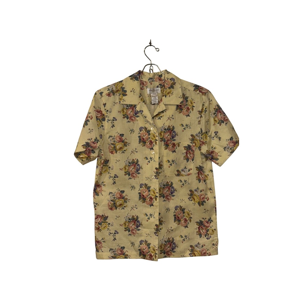 Jones New York Sport Linen Floral Button Up Shirt Yellow Short Sleeve Vintage